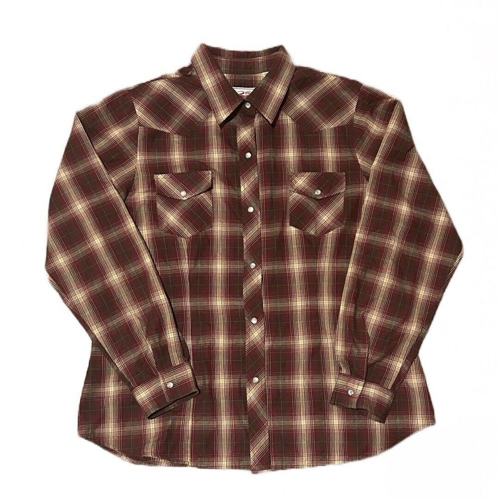 Roper Men's‎ Red Plaid Long Sleeve Pearl Snap Button-Up Western Shirt Size XL